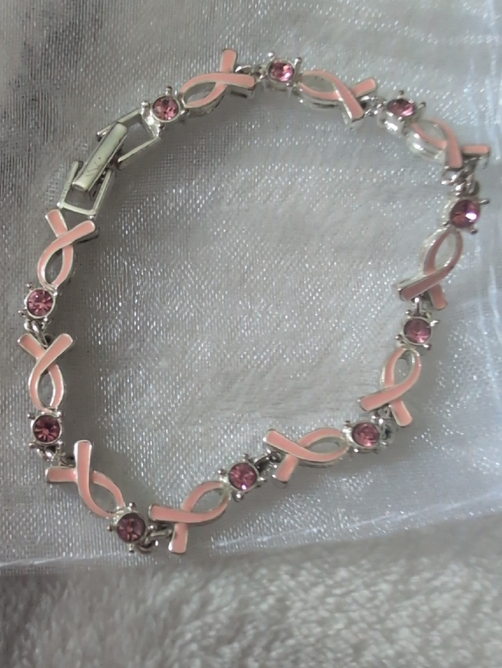 Pink Ribbon Link Bracelet with Pink Crystals